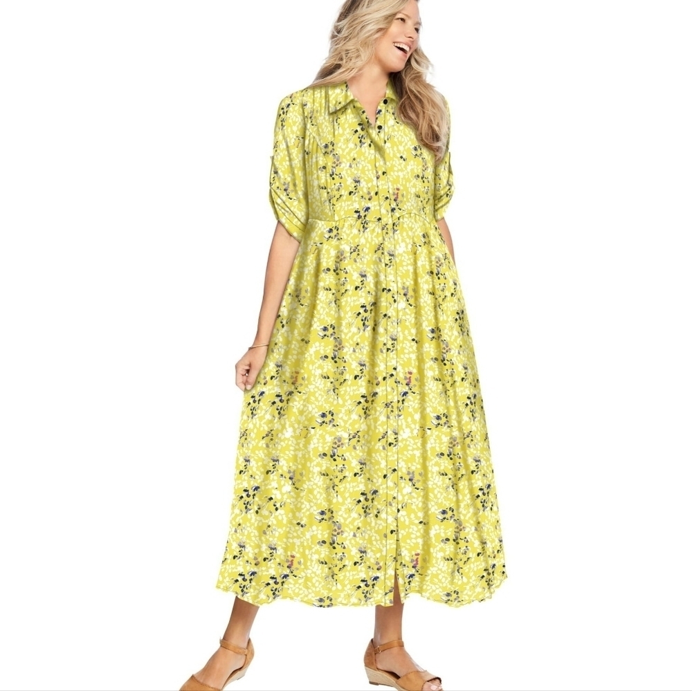 Within Roll-Tab Sleeve Crinkle Button Up Yellow Shirtdress Size 16W